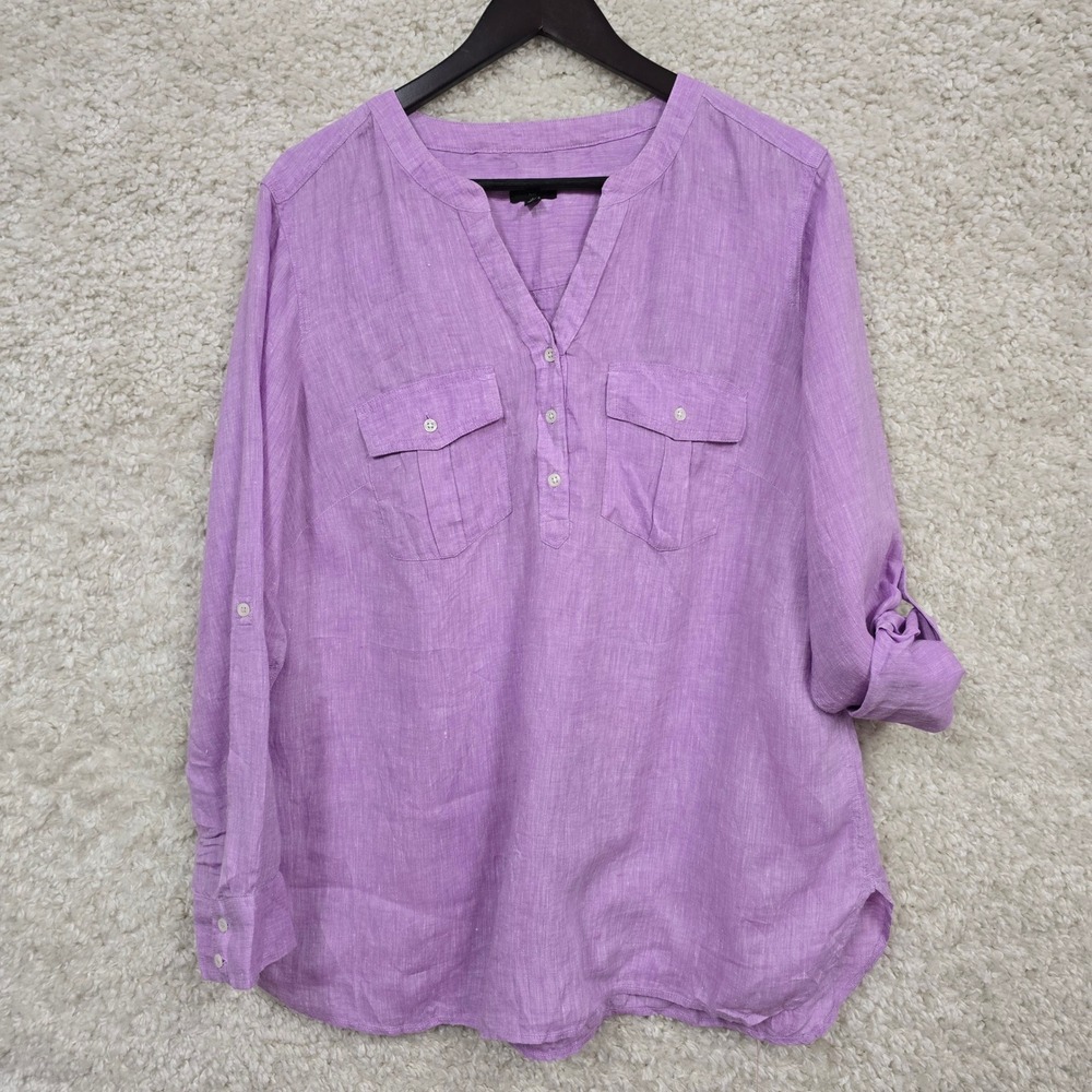 Talbots‎ Linen Popover Blouse Women 1X Purple Roll Tab Sleeve Casual Costal